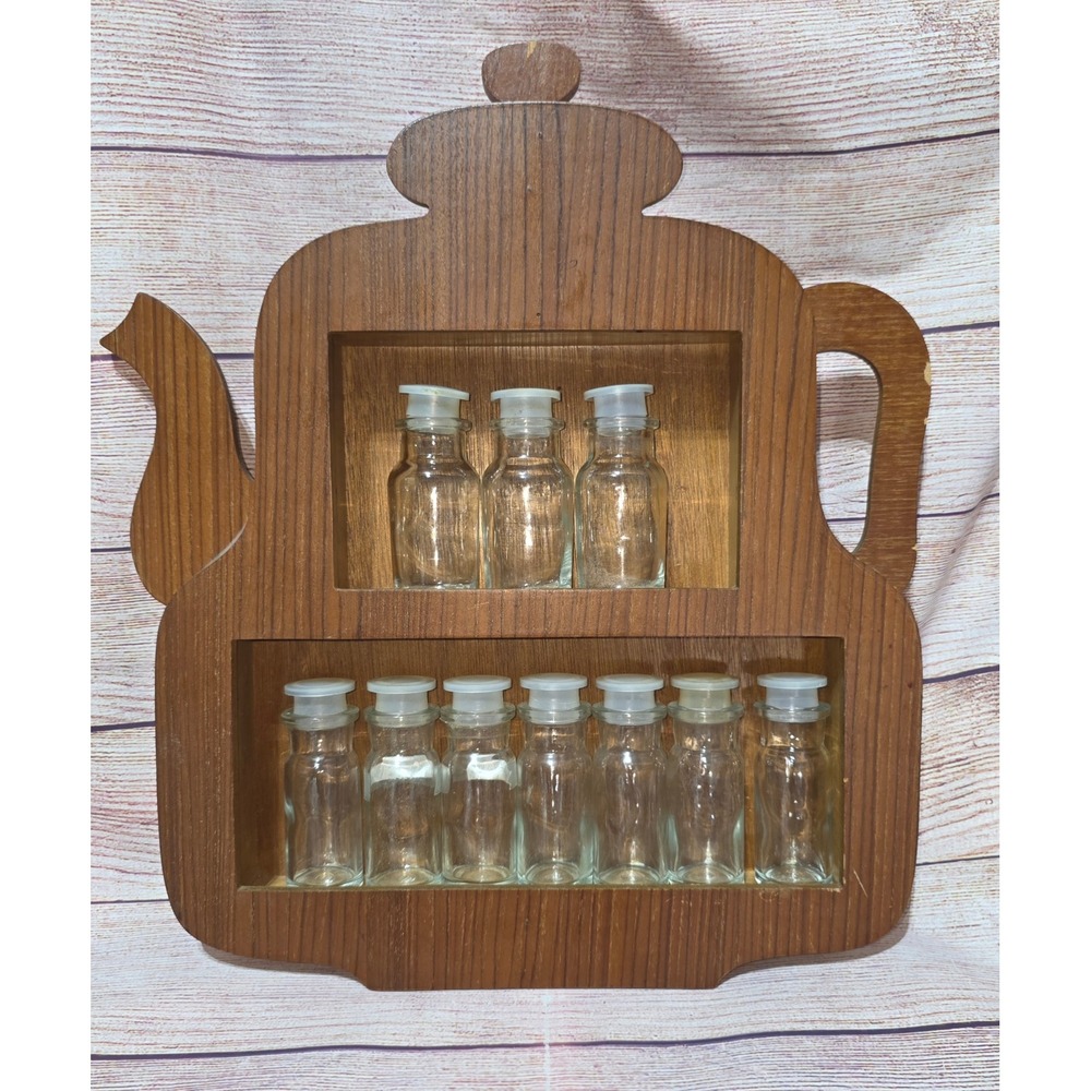 Vintage Teapot Wooden Spice Rack Wall Hanging with 10 Glass Apothecary Jars
